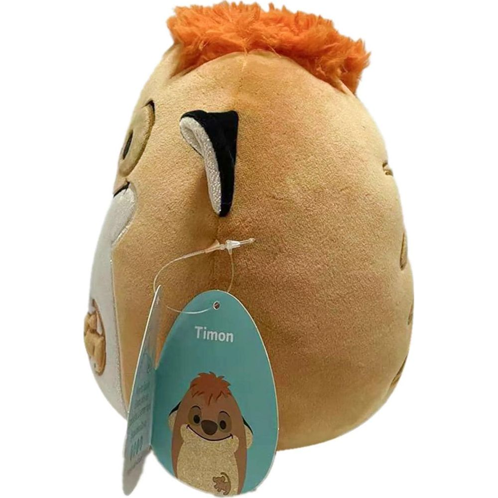 Un jouet lion en peluche marron avec des cheveux orange et une étiquette indiquant Timon.