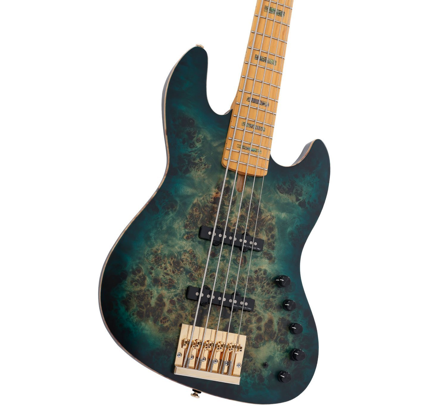 Açık ahşap klavyeli ve altın donanımlı mavi yeşil mermer bas gitar.