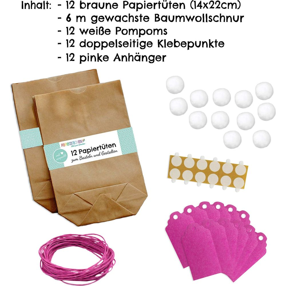 Set creativo con sacchetti di carta marroni, pompon, spago, punti adesivi e tag.