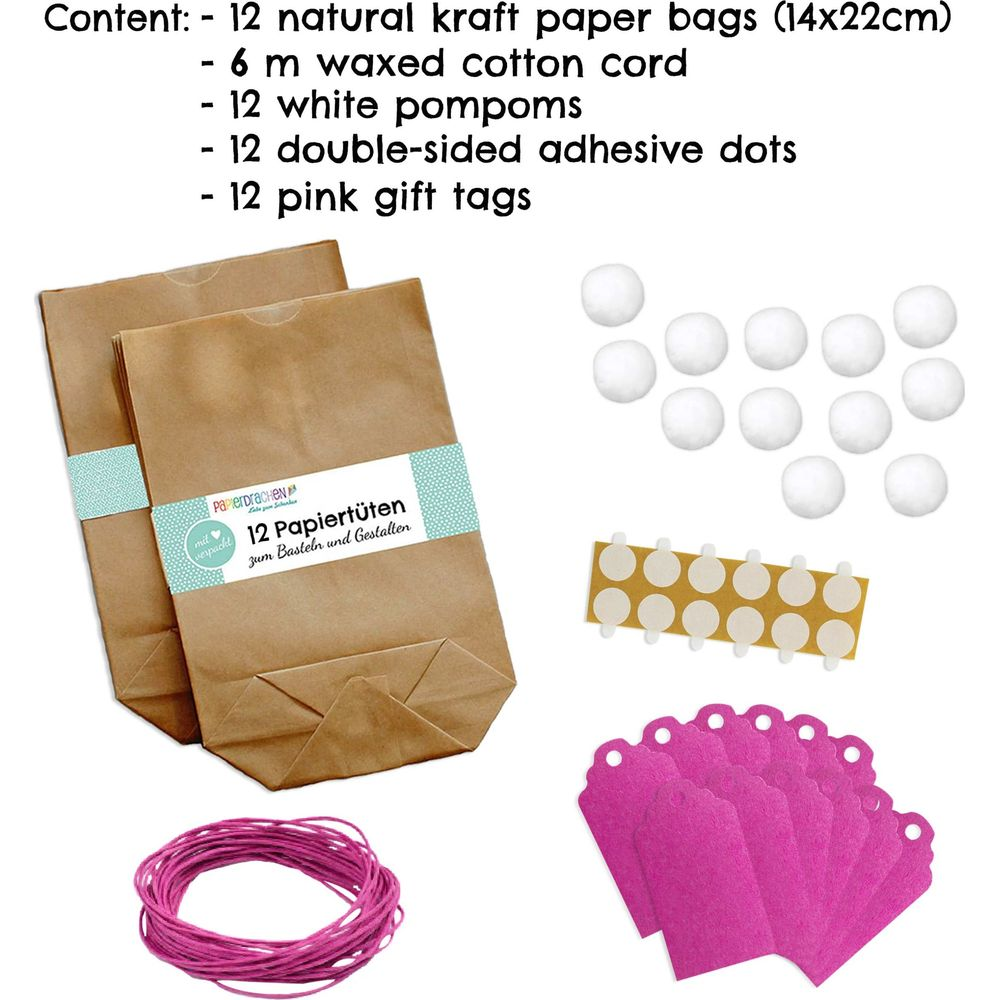 Kit creativo con sacchetti di carta, spago, pompon, adesivi e biglietti regalo.