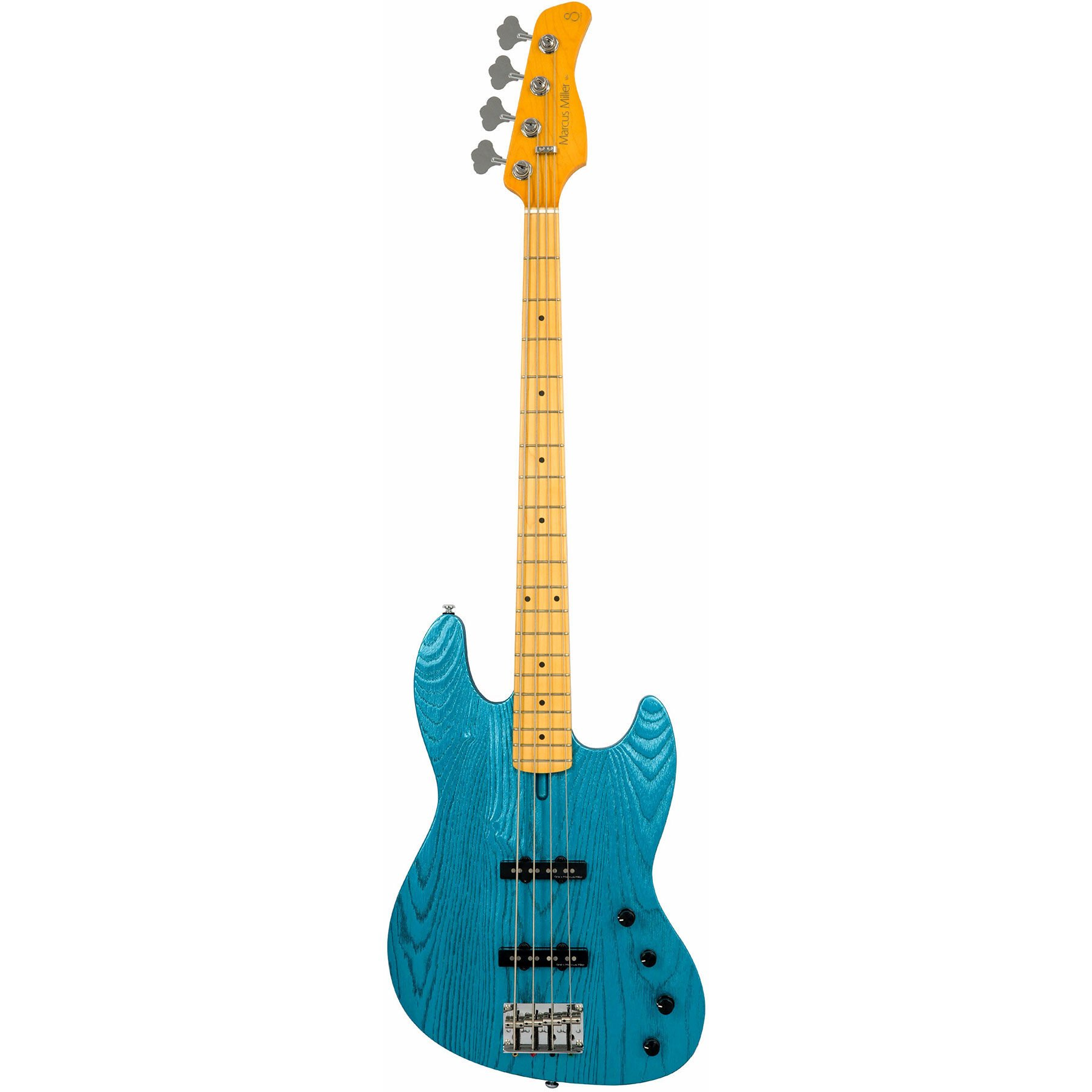 Açık renk klavyeli, dört telli mavi bas gitar.