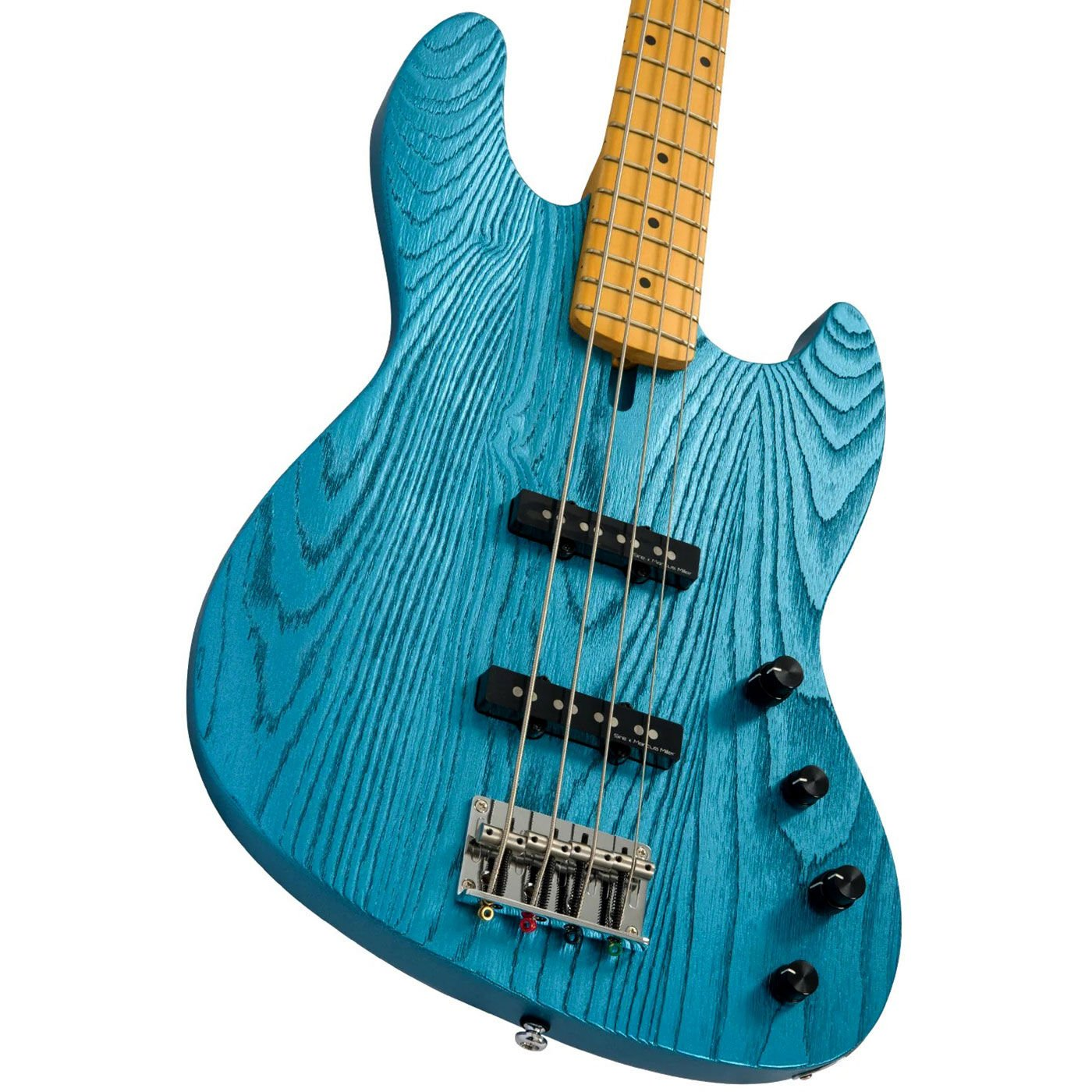 Ahşap damarlı, manyetikli ve dört düğmeli mavi elektro bas gitar.