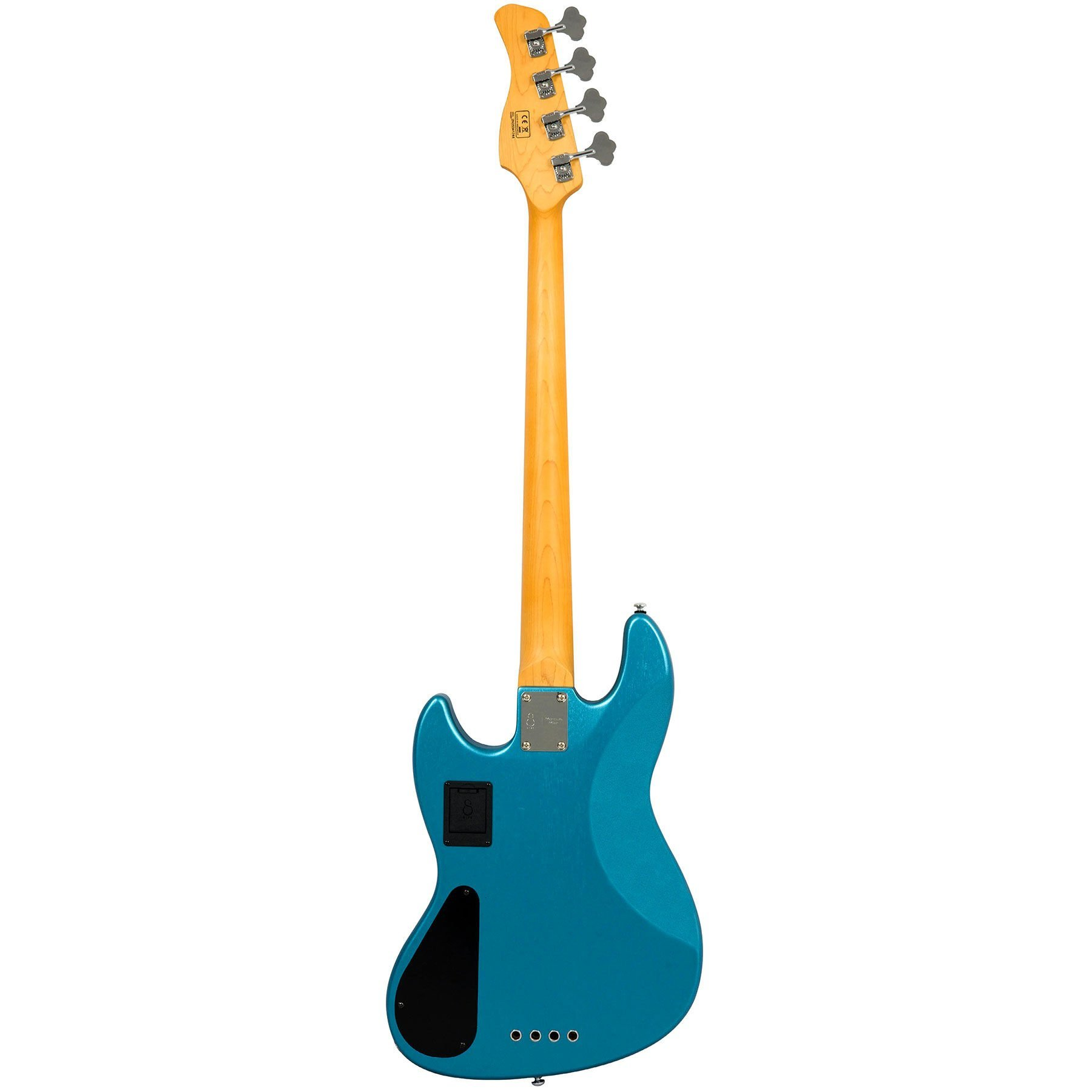 Açık renk ahşap sapa ve dört akort burgusuna sahip mavi elektro bas gitarın arka görünümü.