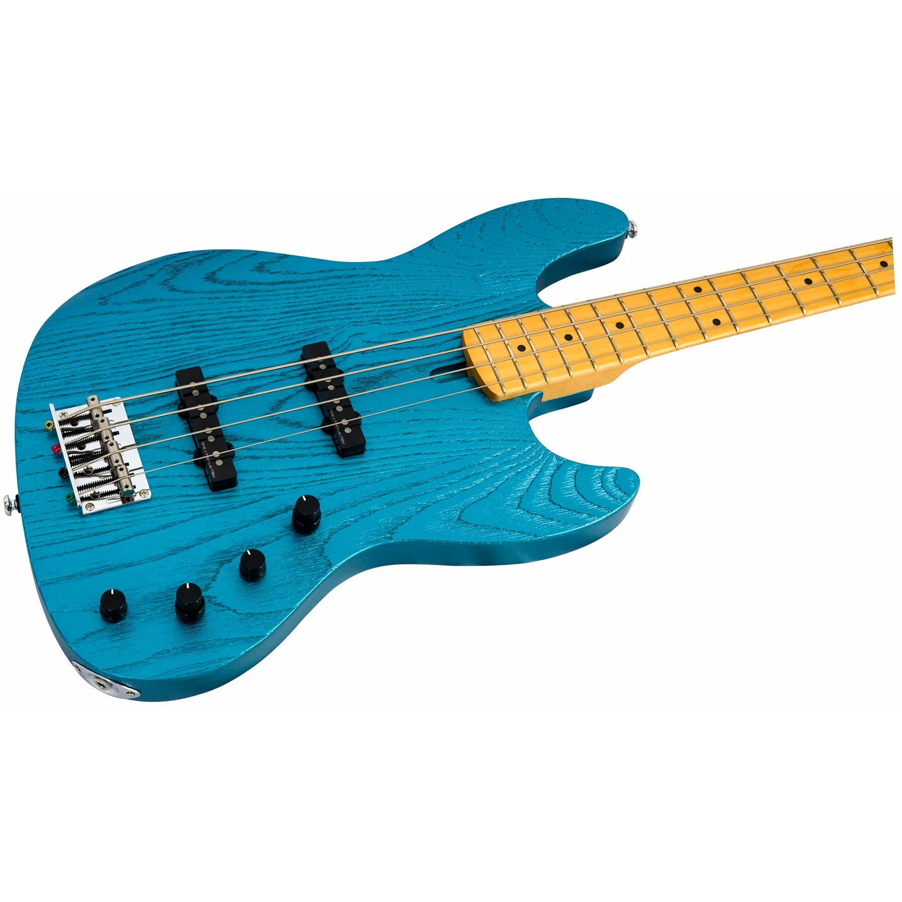 Akçaağaç saplı, dört telli mavi bas gitar, beyaz arka plan üzerinde.