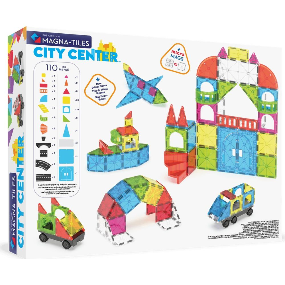 Emballage de jouet Magna-Tiles City Center montrant des blocs de construction magnétiques colorés.