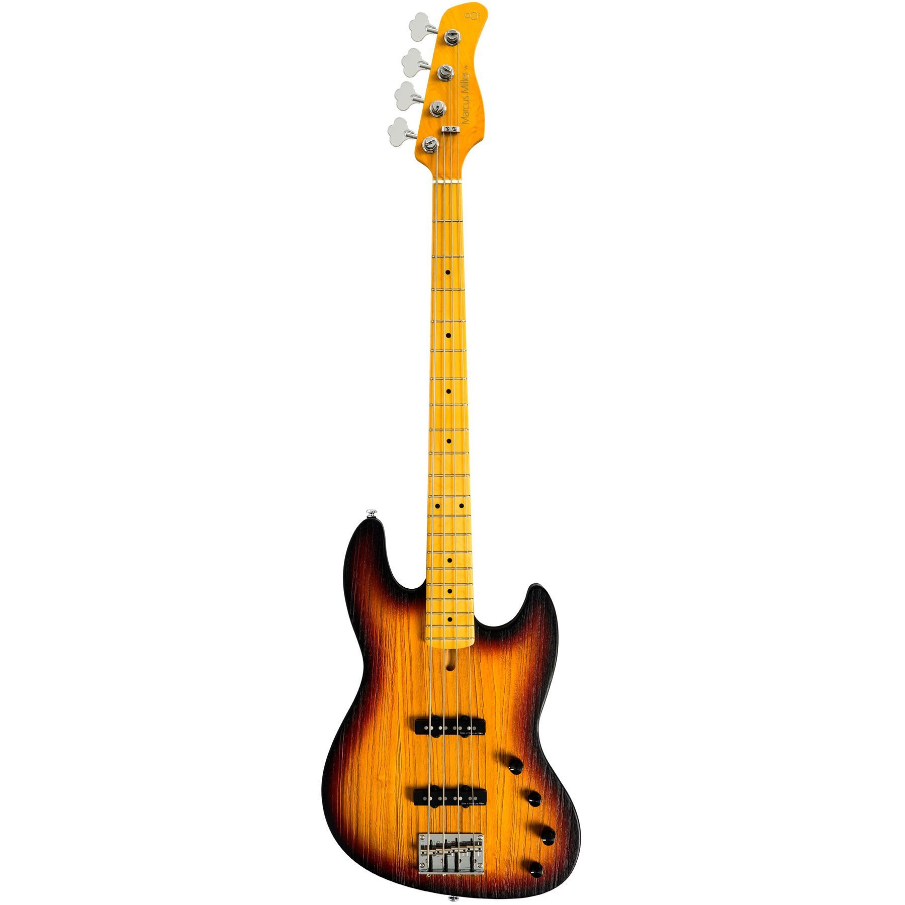 Akçaağaç saplı, güneş patlaması renkli elektro bas gitar.