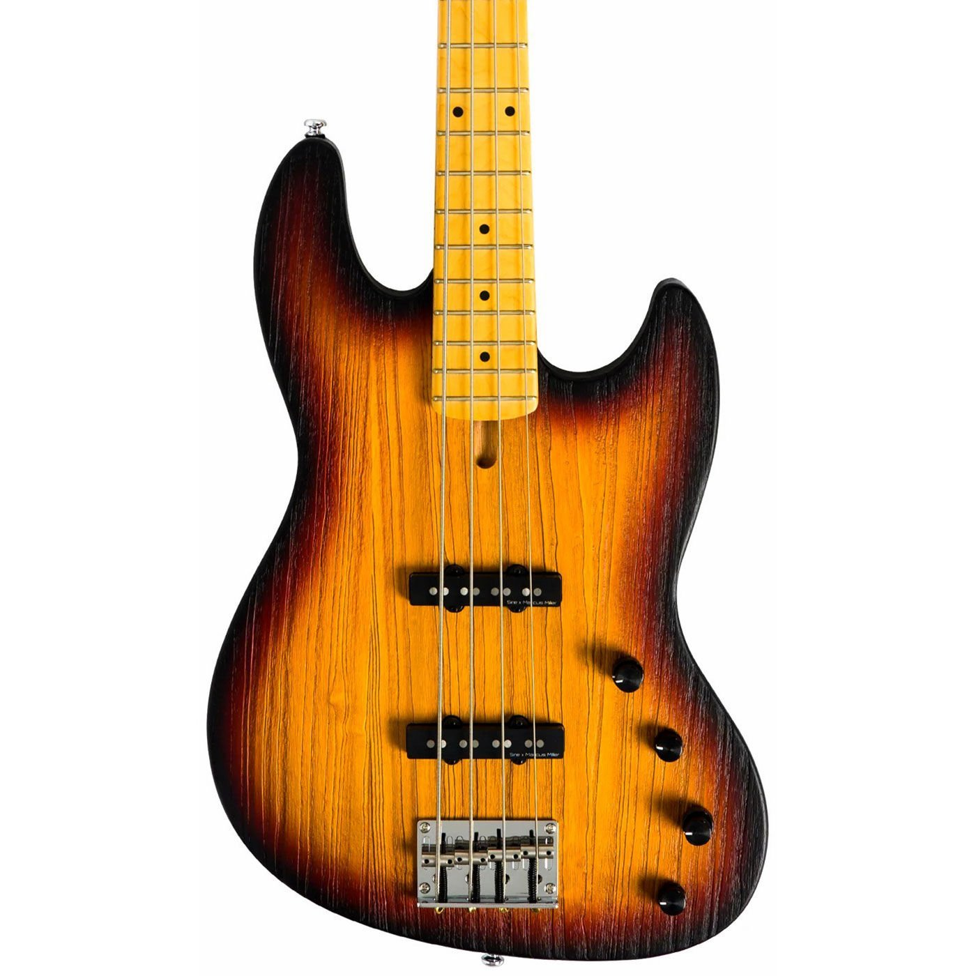 Sunburst kaplamalı bas gitar gövdesi, humbucker manyetikler ve dört tel.