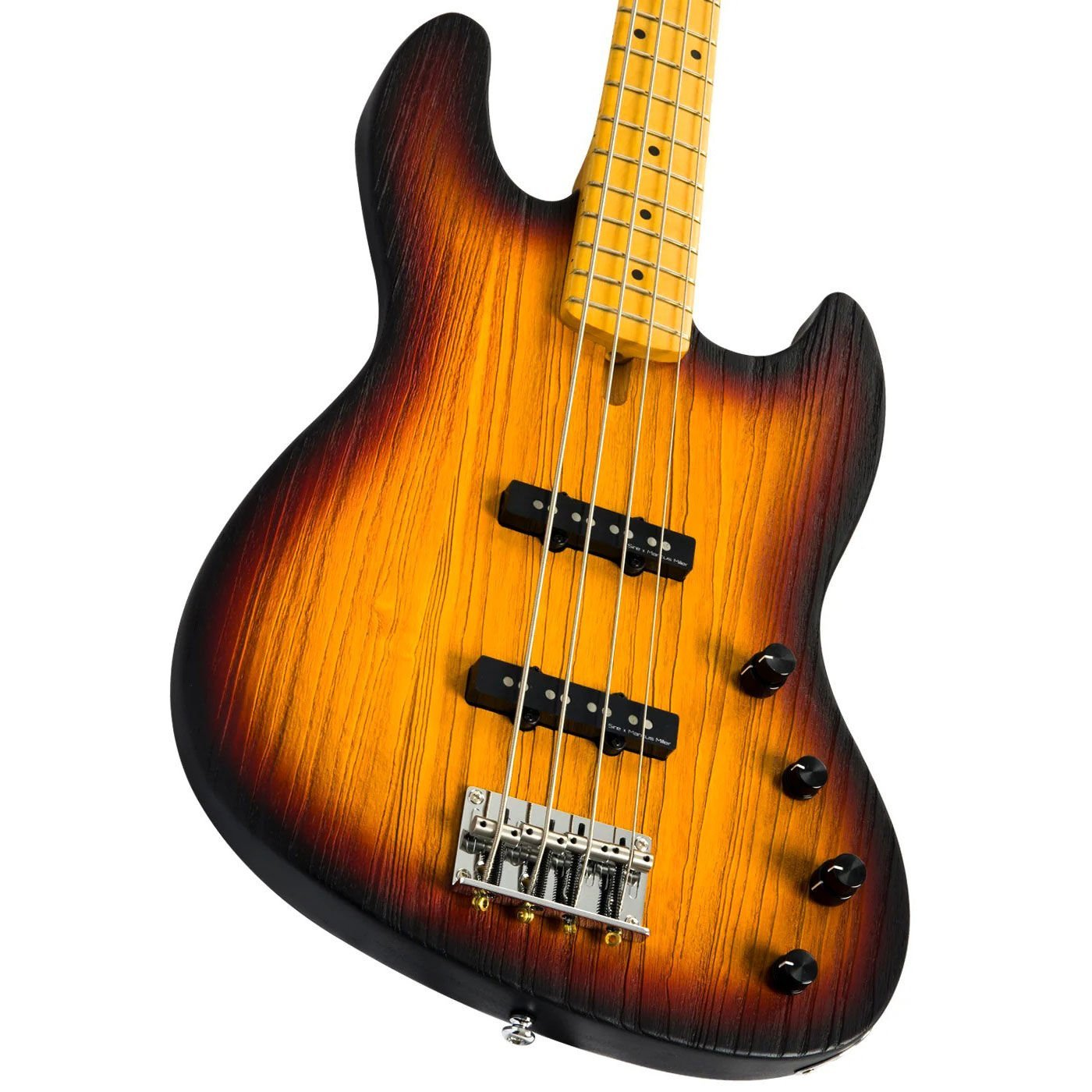 Sarı klavyeli, dört telli, güneş batımı renkli bas gitar.