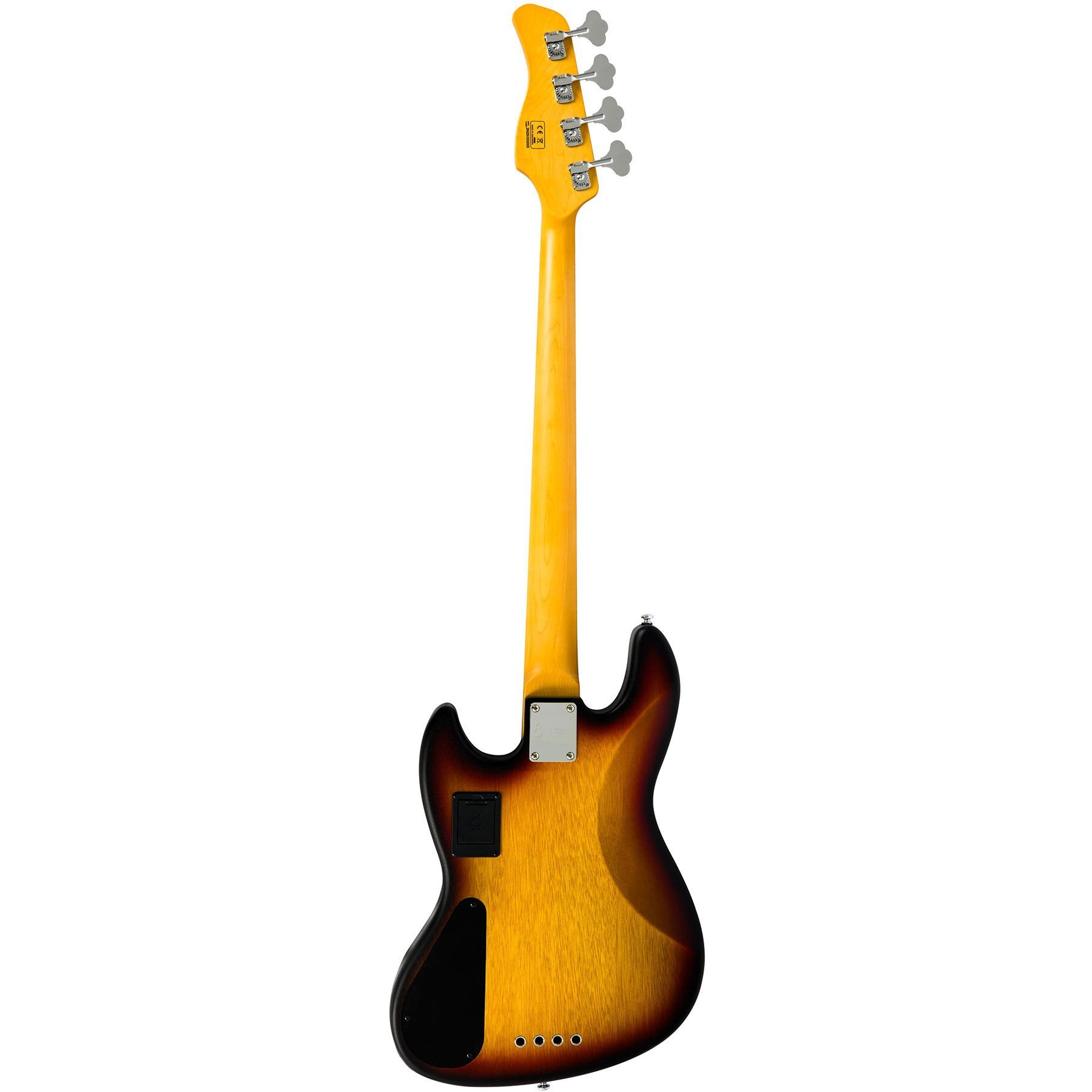 Açık renkli sapa sahip, sunburst elektro bas gitaranın arka görünümü.