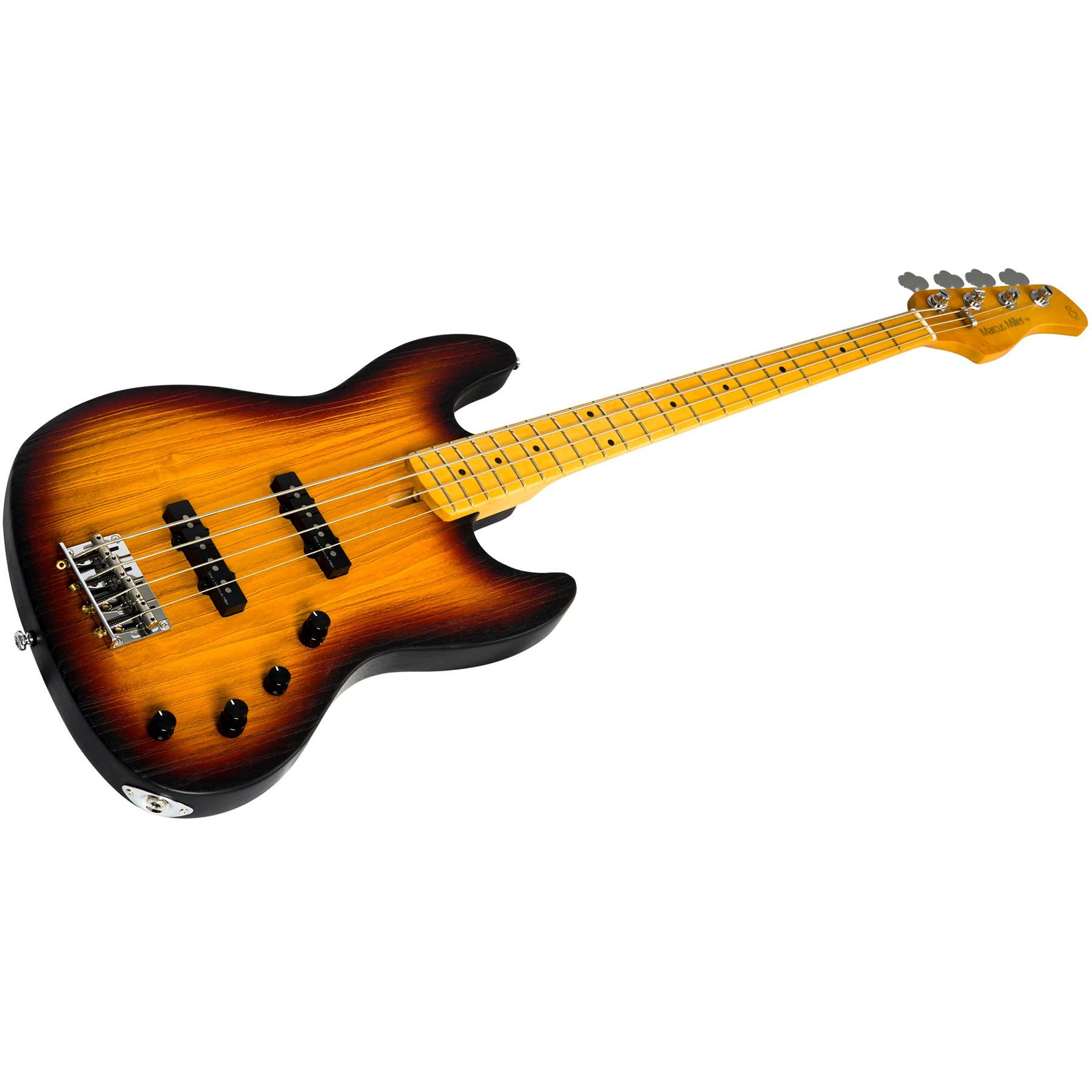 Sarı klavyeli, güneş patlaması efektli elektro bas gitar beyaz arka planda.
