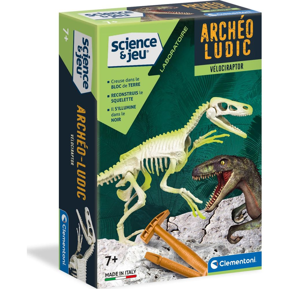 Verpackung eines Archäo-Ludic-Velociraptor-Fossilienausgrabungssets mit Dinosaurierskelett.