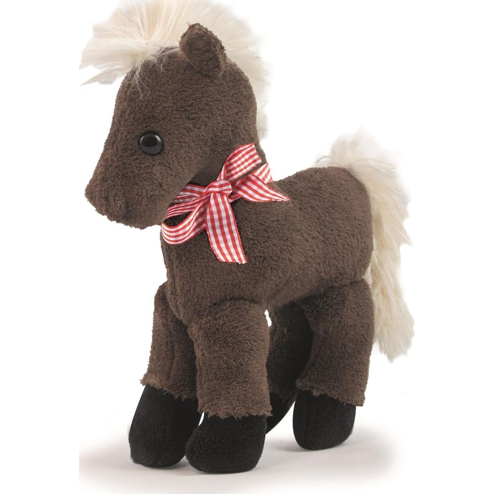 Cavallo di peluche marrone con criniera bianca, fiocco rosso e piedi neri.