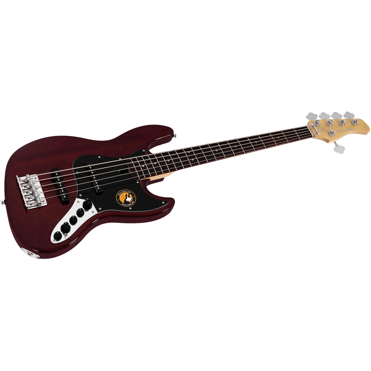 Siyah pena korumalı, gümüş donanımlı, koyu kırmızı 5 telli bas gitar.