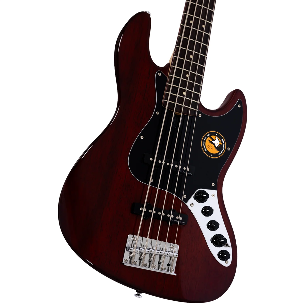 Siyah pena korumalı, gümüş köprülü koyu kırmızı 5 telli bas gitar.