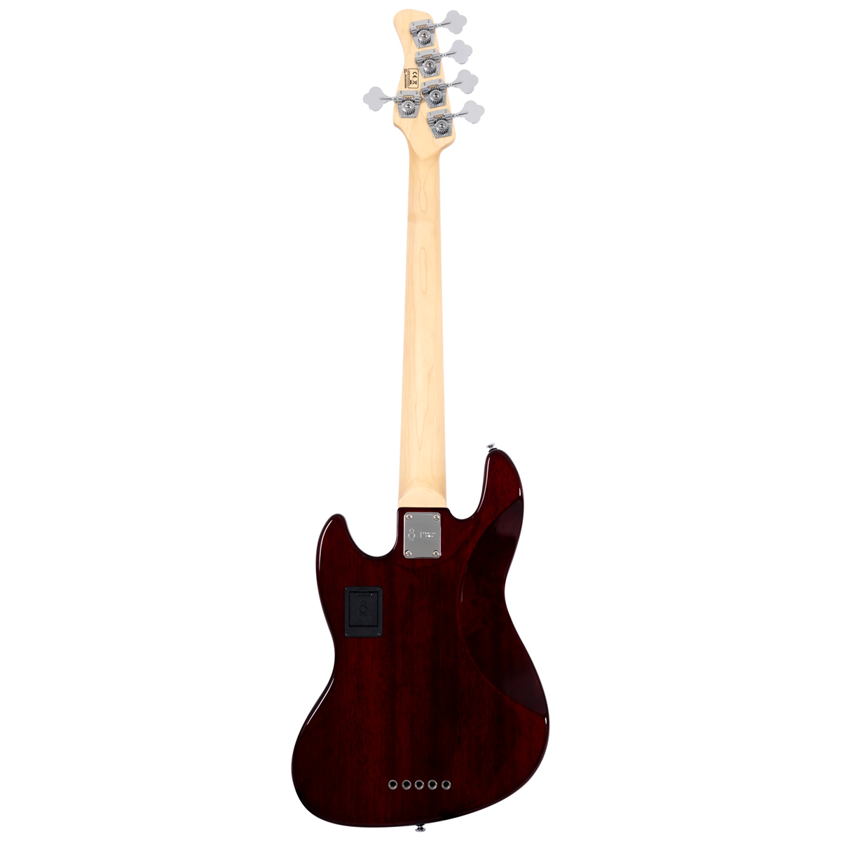 Açık renkli saplı ve gümüş burgulu koyu kırmızı elektro bas gitarın arka görünümü.