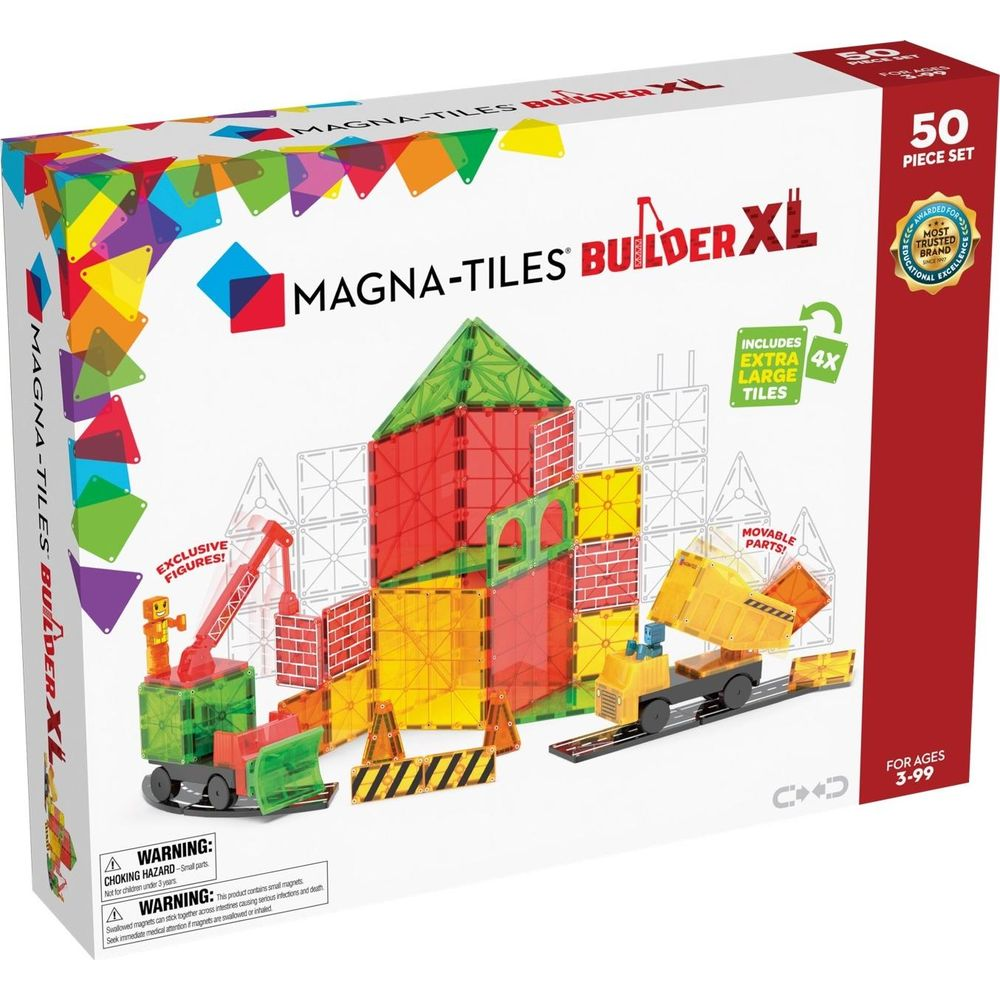 La boîte Magna-Tiles Builder XL montre des carreaux magnétiques colorés formant des structures, des grues et des camions.