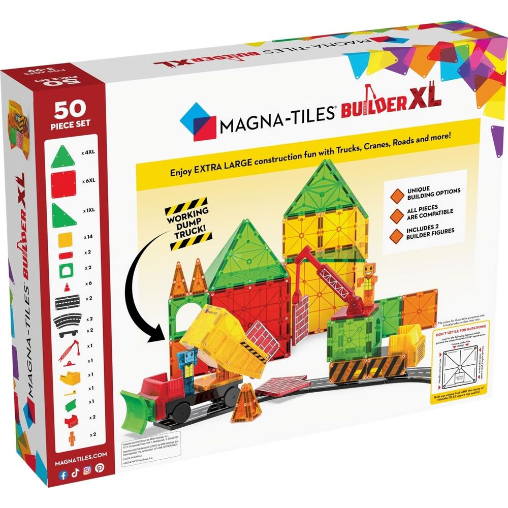 La boîte Magna-Tiles Builder XL montre une scène de construction avec camion benne, grue et bâtiments.