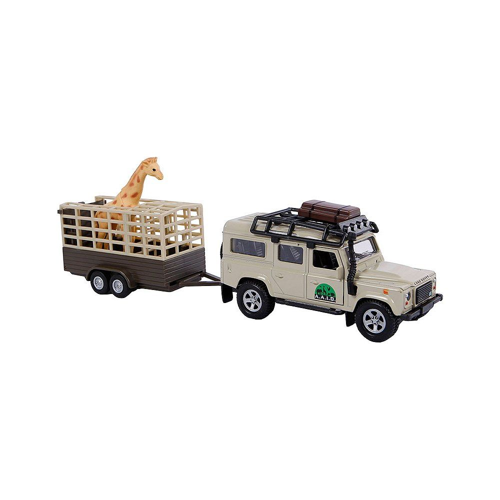 Ein beiges Spielzeugauto zieht einen Anhänger mit einer Giraffe.
