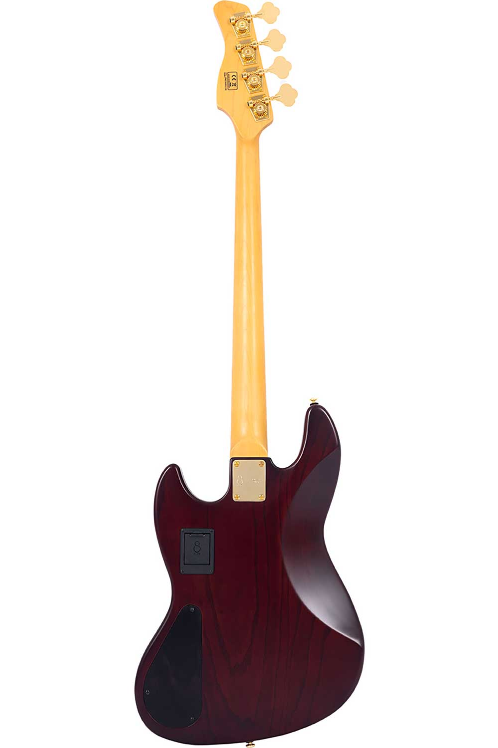 Altın akort burgulu, açık renkli saplı, koyu kırmızı elektro bas gitarın arka görünümü.