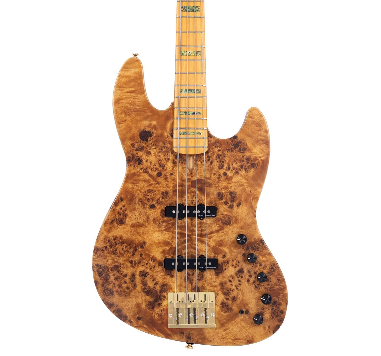Ahşap damarlı, altın köprülü ve siyah manyetikli kahverengi elektro bas gitar.