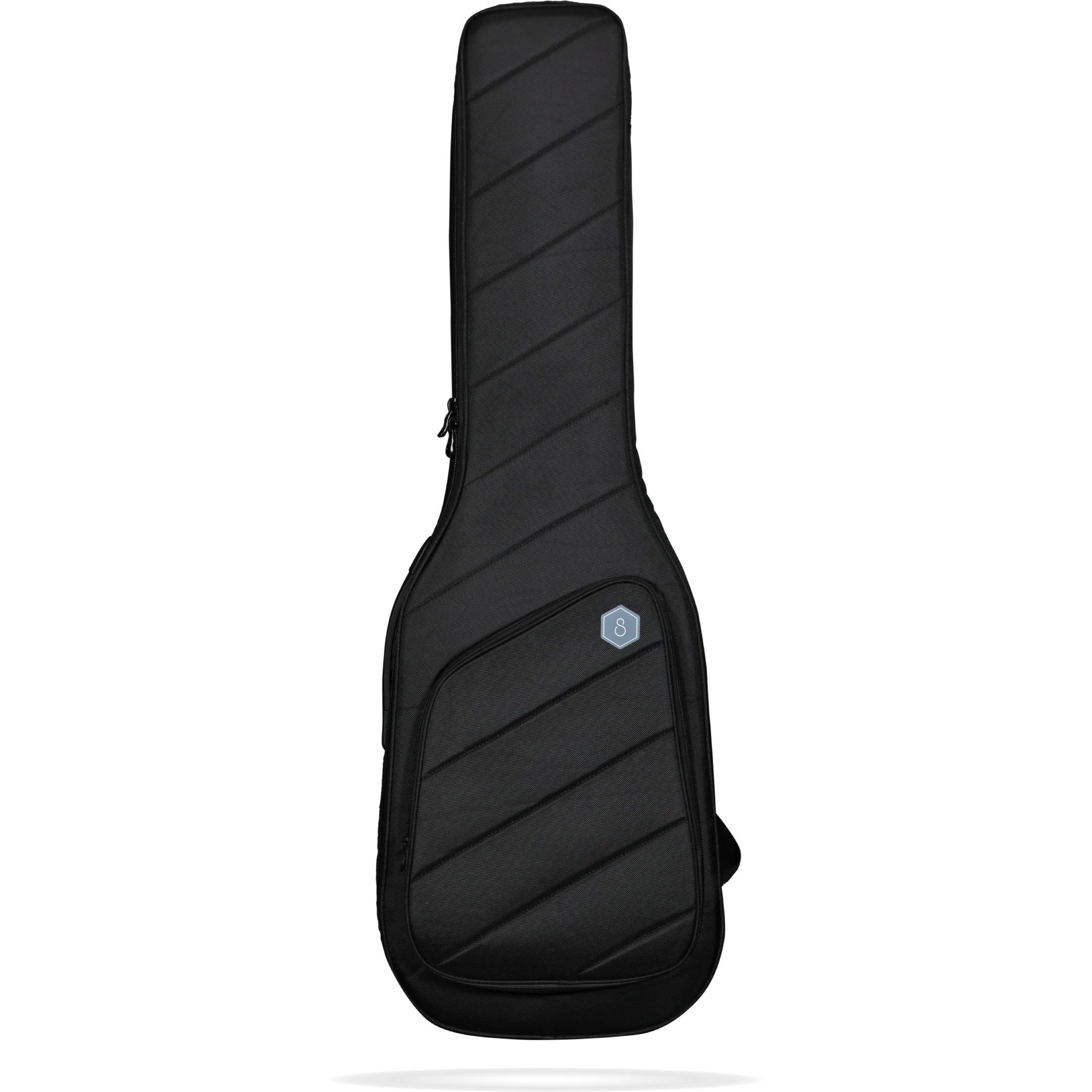 Siyah kapitone fermuarlı gitar çantası, küçük cepli ve altıgen logolu.