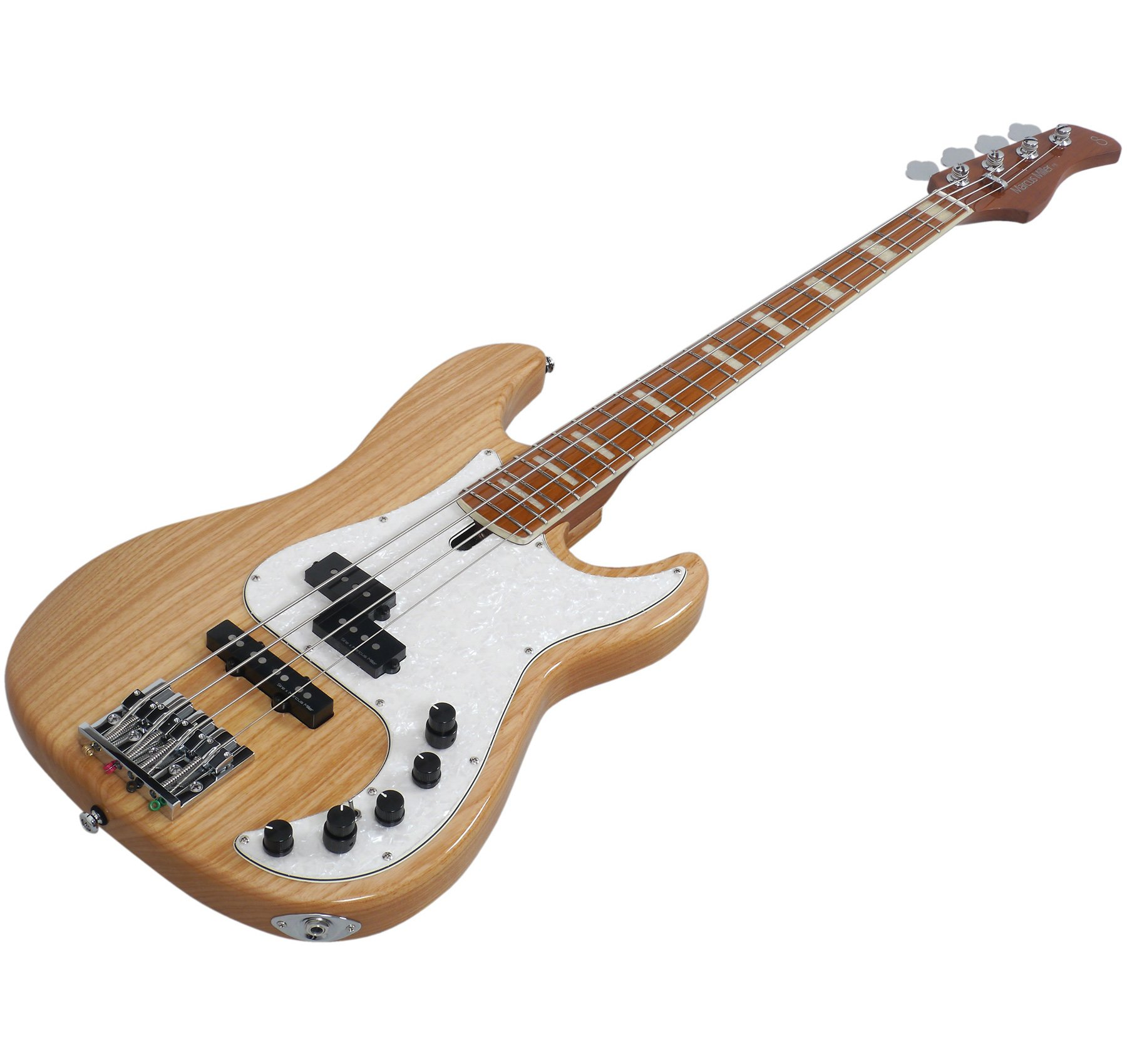 Beyaz pena korumalı ahşap bas gitar ve siyah manyetikler.