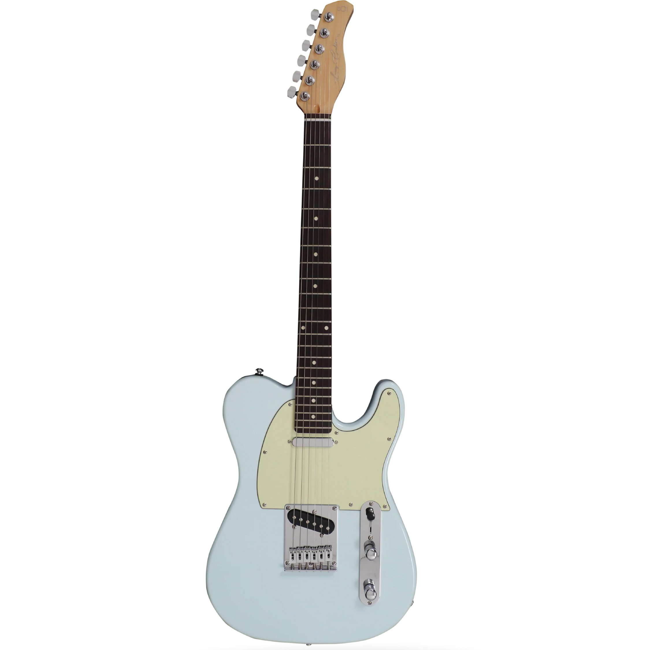 Açık mavi elektro gitar, açık ahşap klavye ve krem rengi pena korumalı.