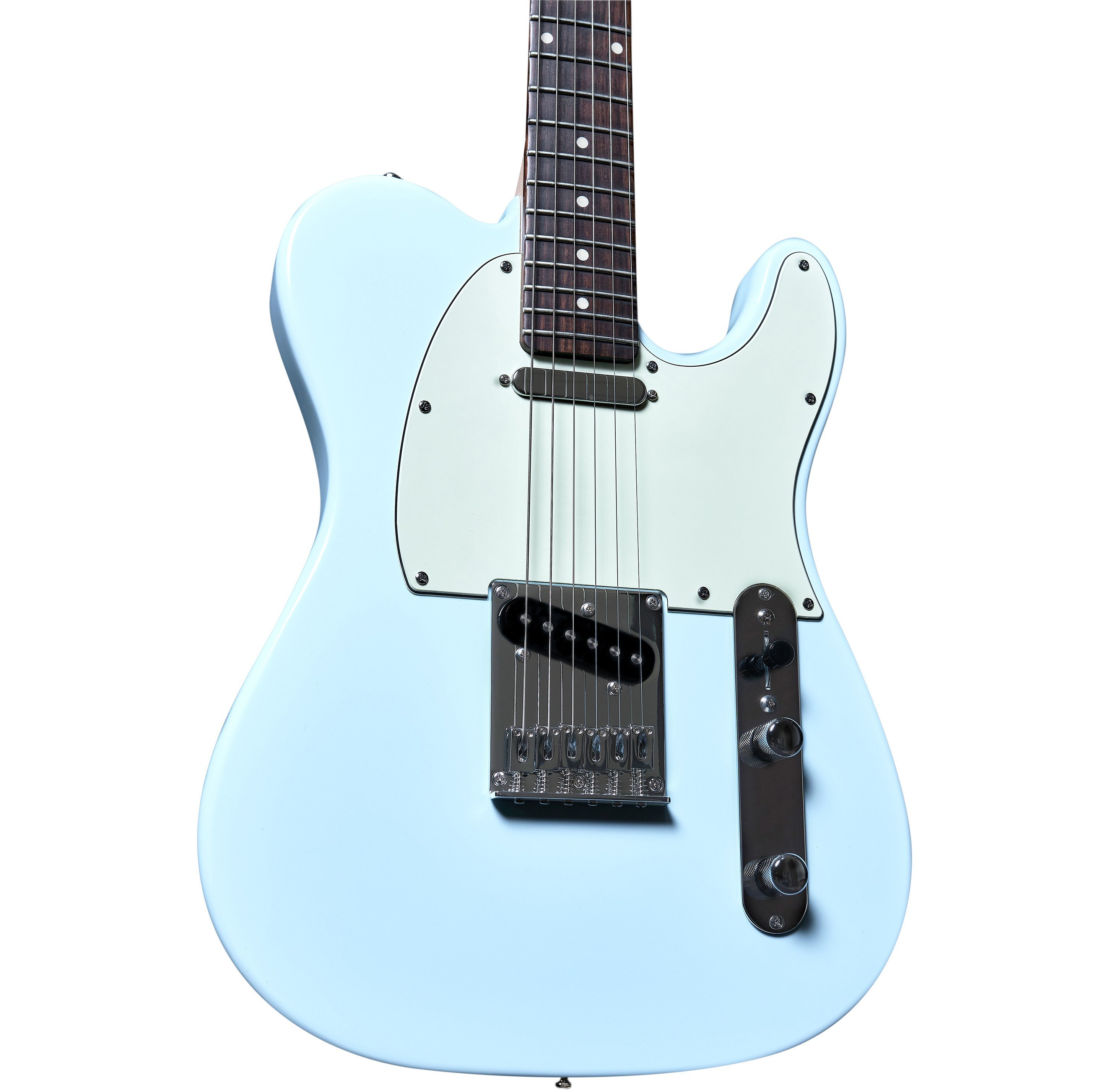 Açık mavi elektro gitar sapı ve gövdesi krom donanımlı.