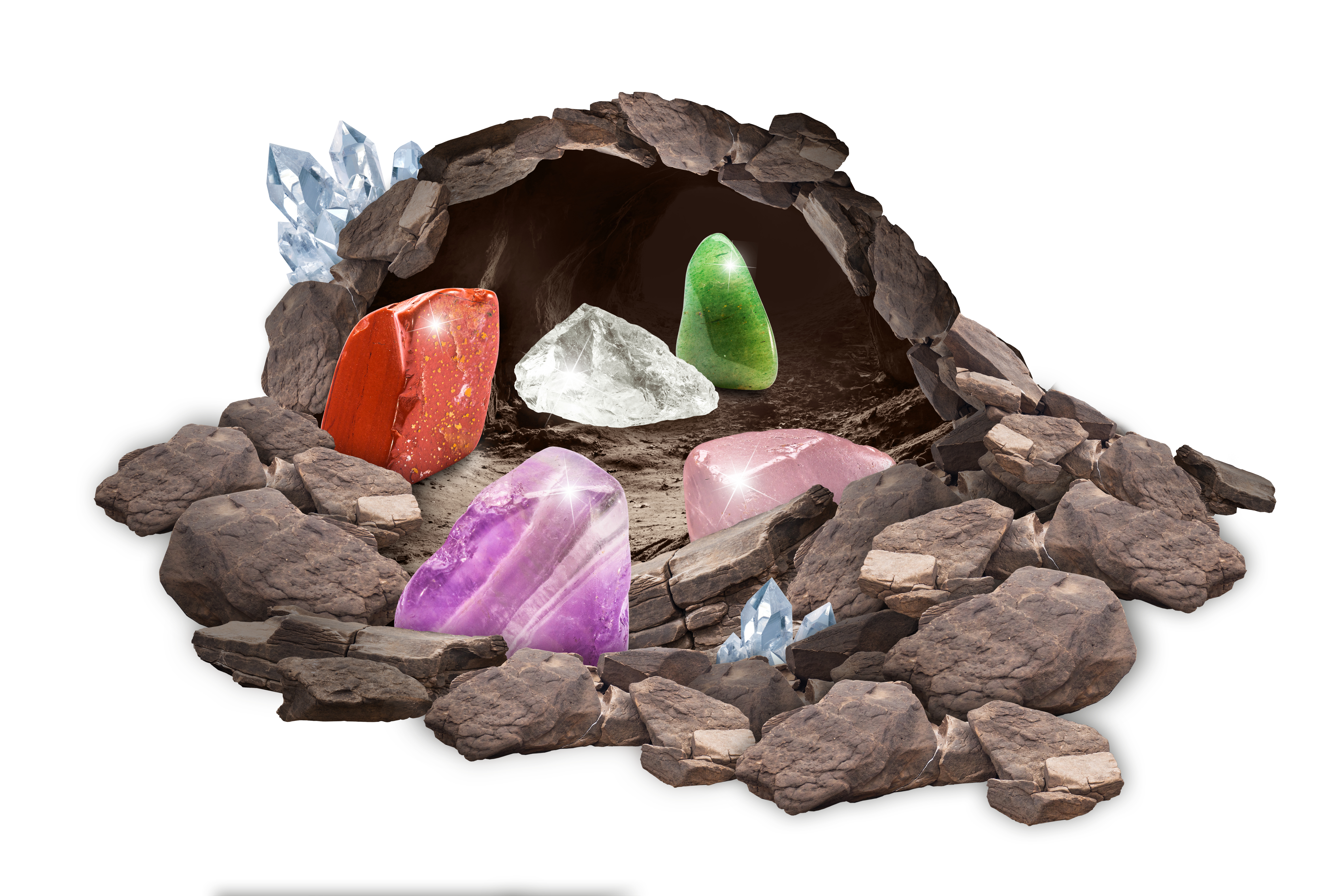 Verschiedene Edelsteine in einer Höhle: rot, grün, klar, rosa und lila.