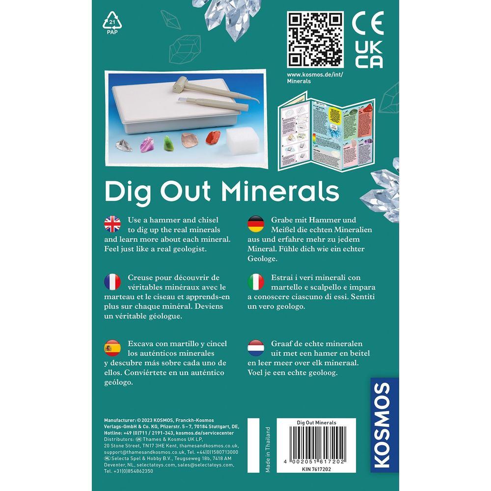 Kasten mit Werkzeug und Mineralien. Anleitung zum Ausgraben von Mineralien.