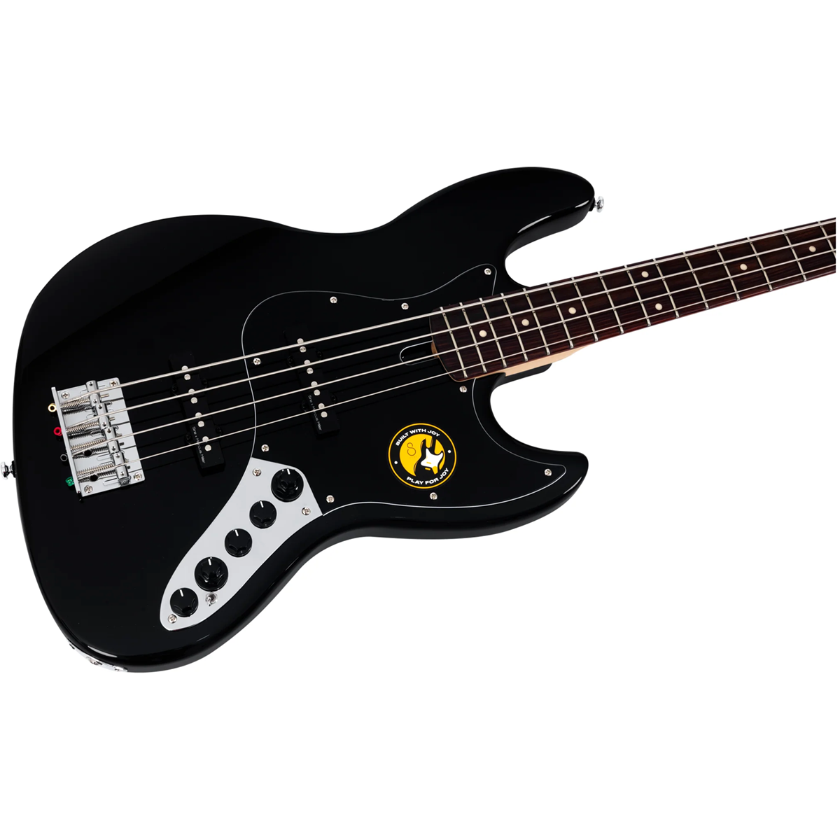 Krom donanımlı, yuvarlak sarı etiketli siyah 4 telli elektro bas gitar.