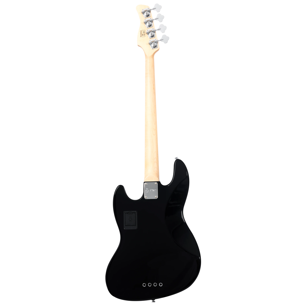 Açık renk saplı, dört telli siyah bas gitar. Arka görünüm.