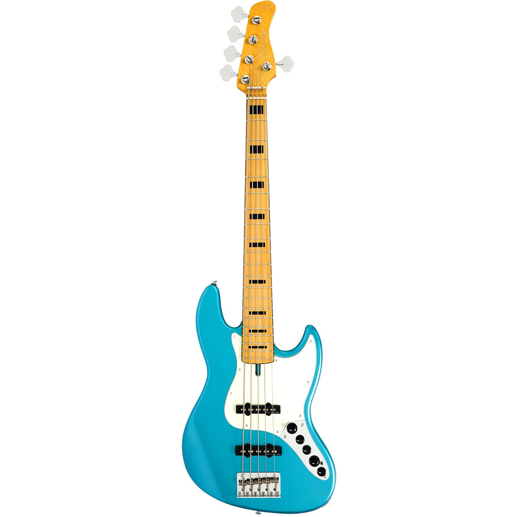 Açık ahşap klavyeli ve siyah kakmalı mavi elektro bas gitar.