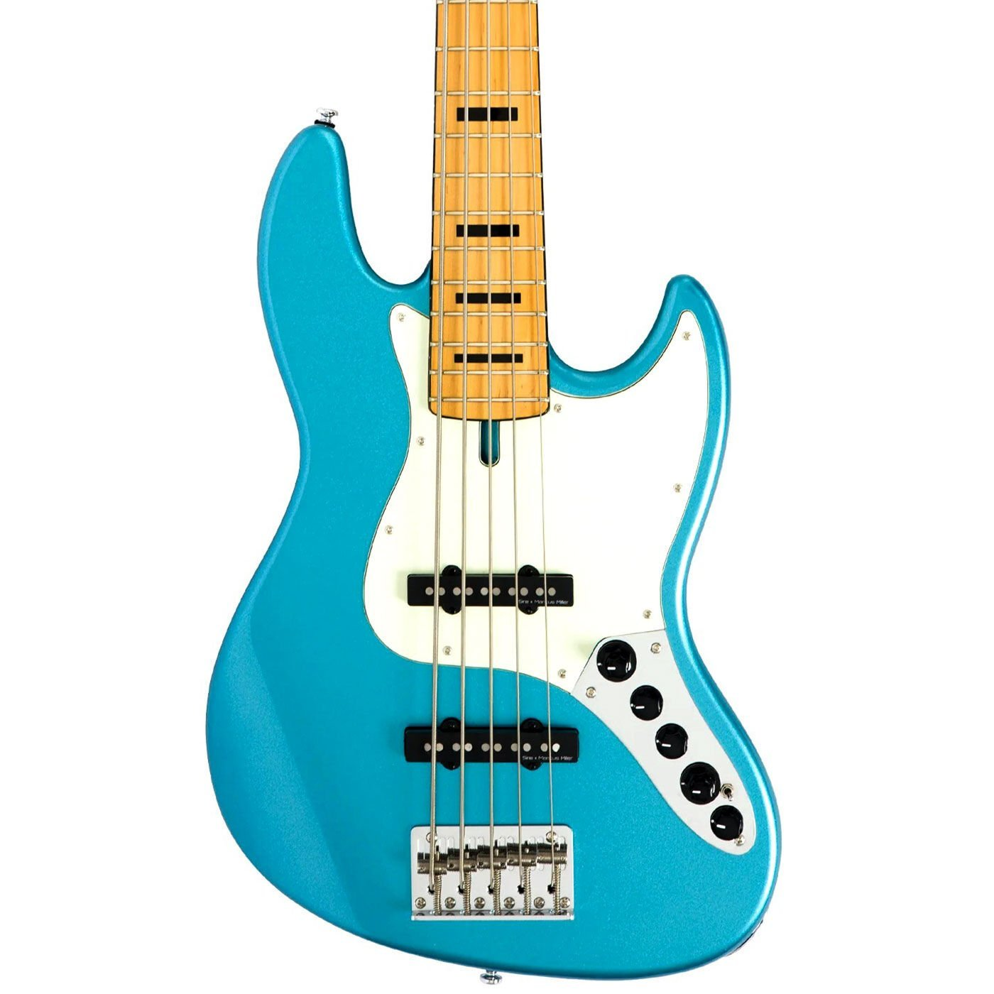 Beyaz pena korumalı ve gümüş köprülü mavi elektro bas gitar.