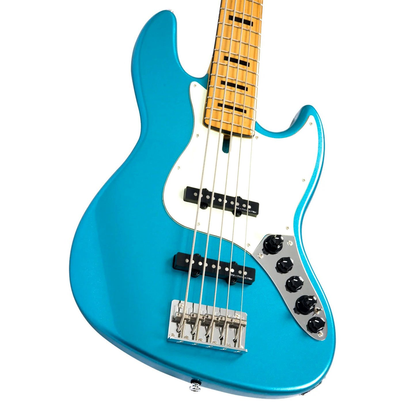 Beyaz pena korumalı ve siyah manyetikli turkuaz 5 telli bas gitar.