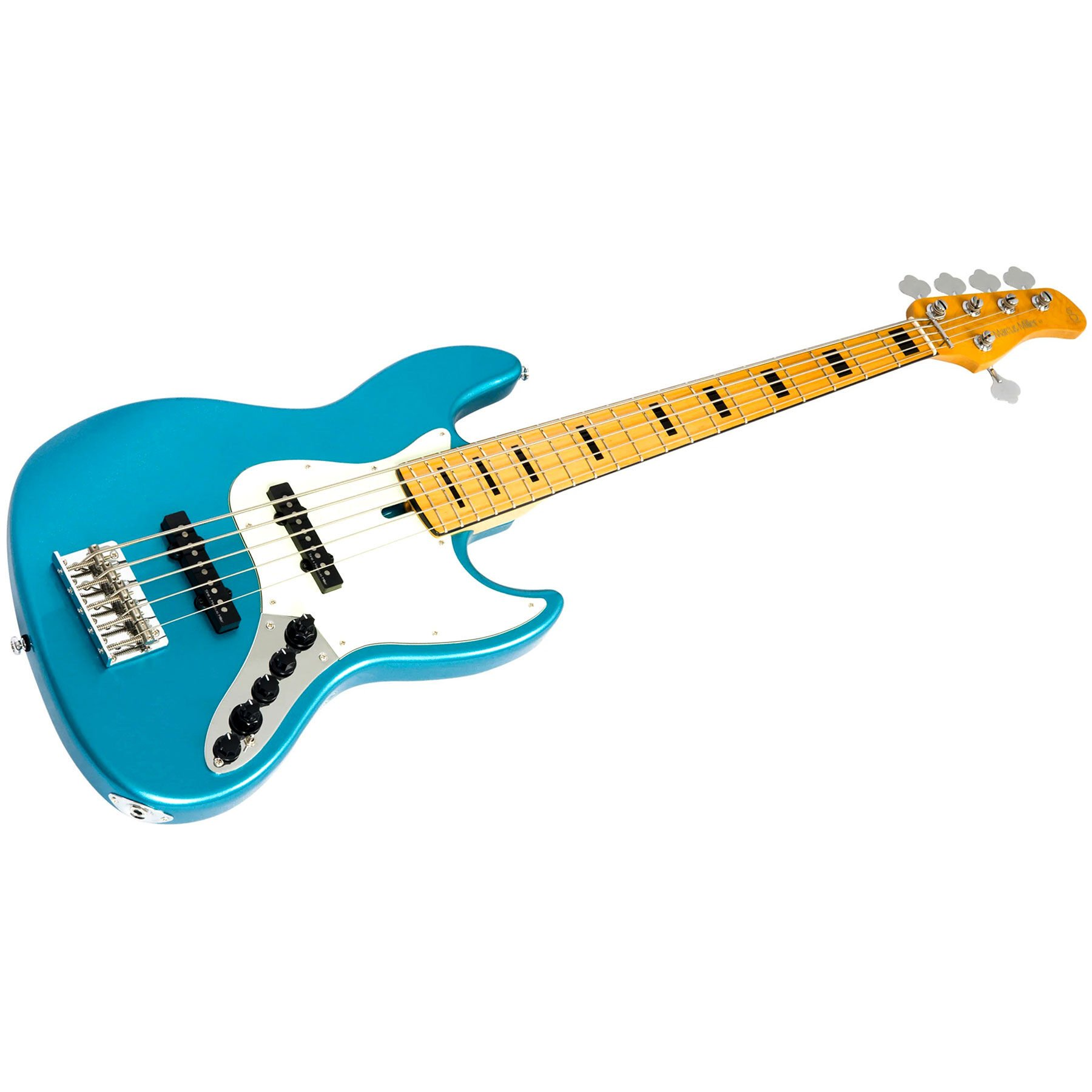 Akçaağaç saplı, beyaz pena korumalı mavi elektro bas gitar.