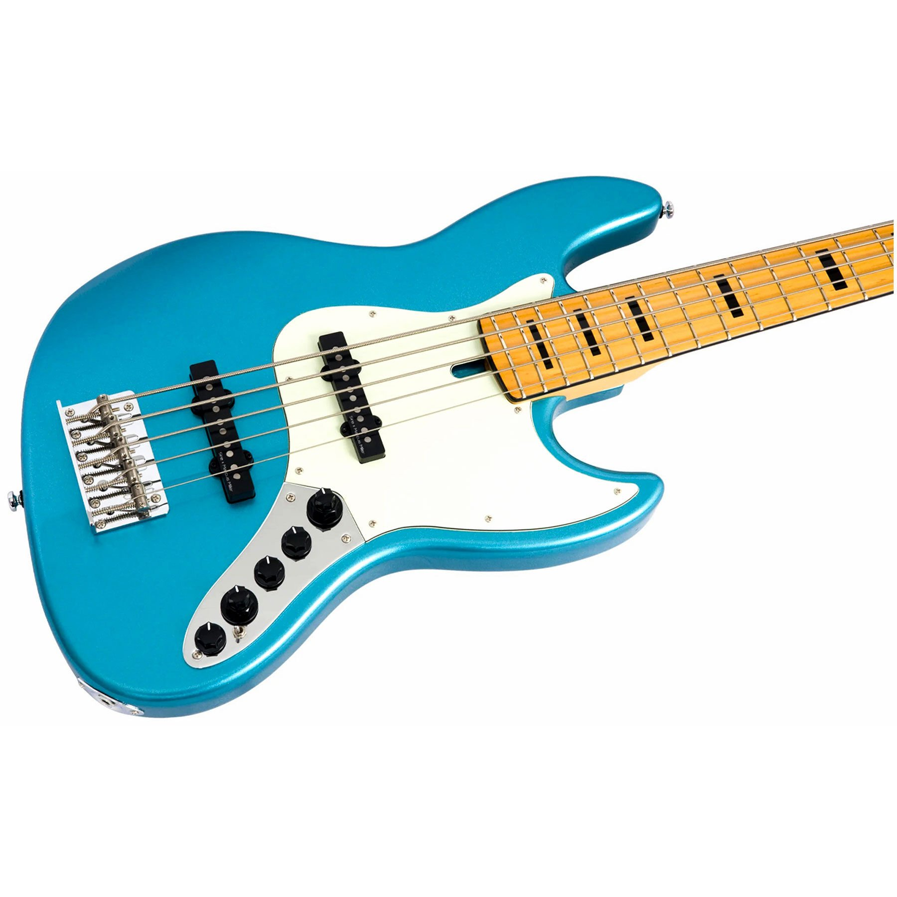 Beyaz pena korumalı ve akçaağaç klavyeli mavi elektro bas gitar.