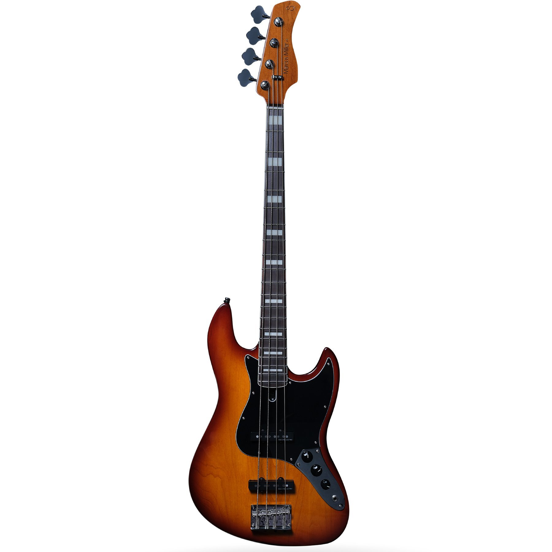 Siyah pena koruyuculu ve gümüş donanımlı bir sunburst elektro bas gitar.