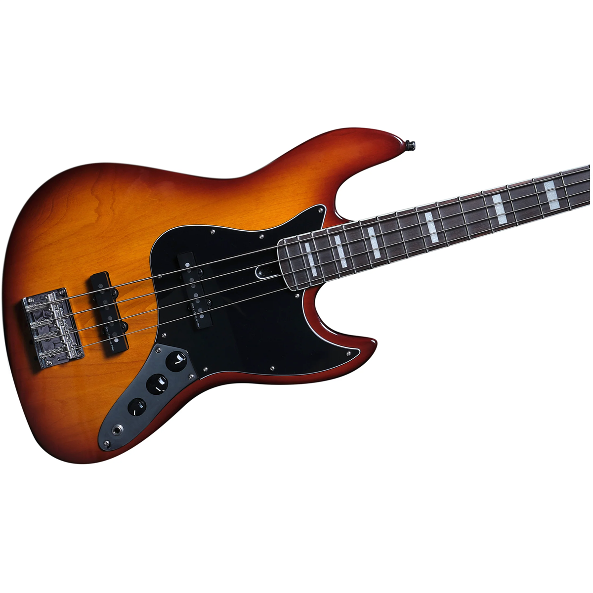 Siyah pena korumalı ve krom donanımlı, güneş patlaması renkli elektro bas gitar.