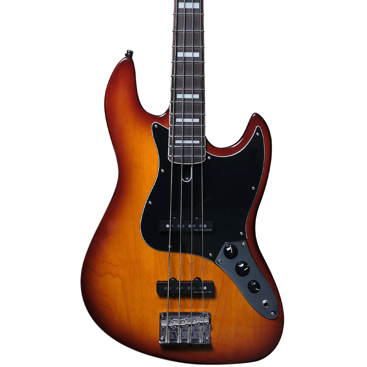 Siyah manyetikli ve üç kontrol düğmeli sunburst bas gitar.