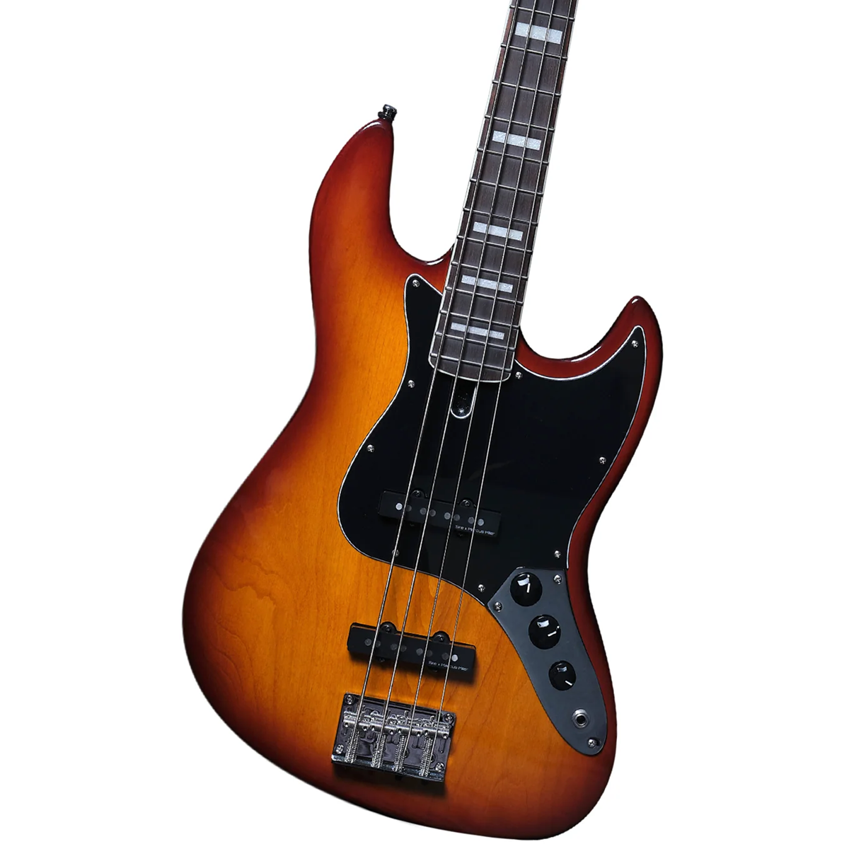 Sunburst bitişli, siyah pena korumalı, dört telli bas gitar.