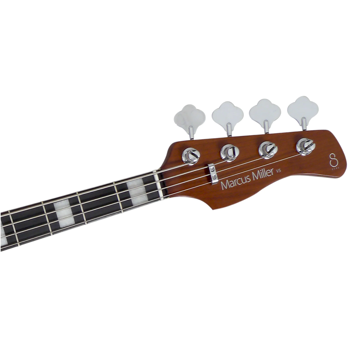 Dört gümüş burgulu ve telli kahverengi bas gitarası başlığı.