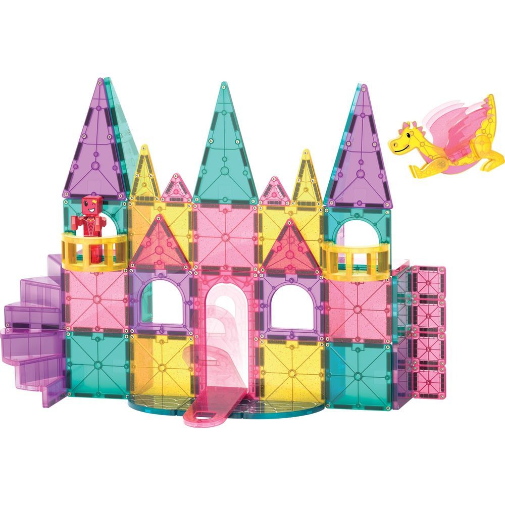 Ein buntes Magnetbauspielzeugschloss mit Ritter und fliegendem Drachen.