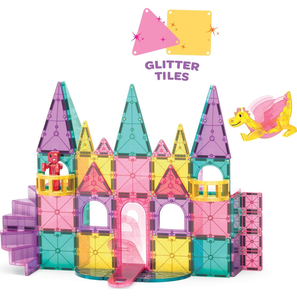 Buntes Magnetspielzeug-Schloss mit Drachenfigur und Glitzer-Details.