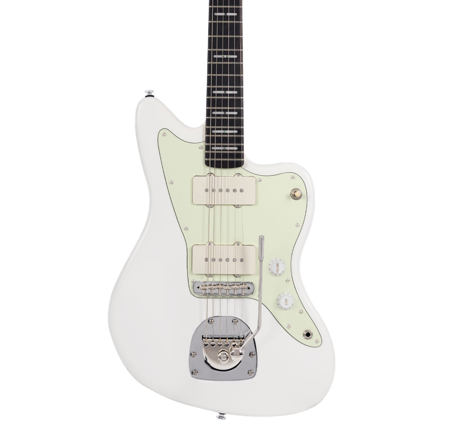 Nane yeşili pena korumalı ve krom donanımlı beyaz elektro gitar.