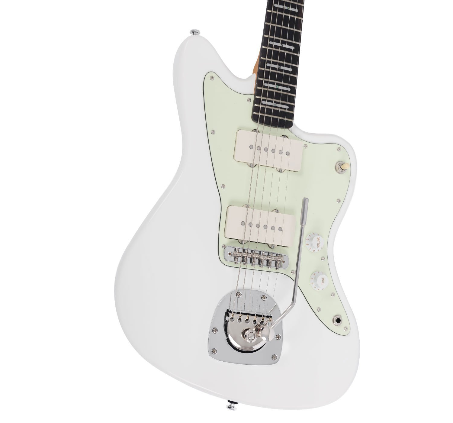 Açık yeşil pena korumalı, iki manyetikli ve krom donanımlı beyaz elektro gitar.