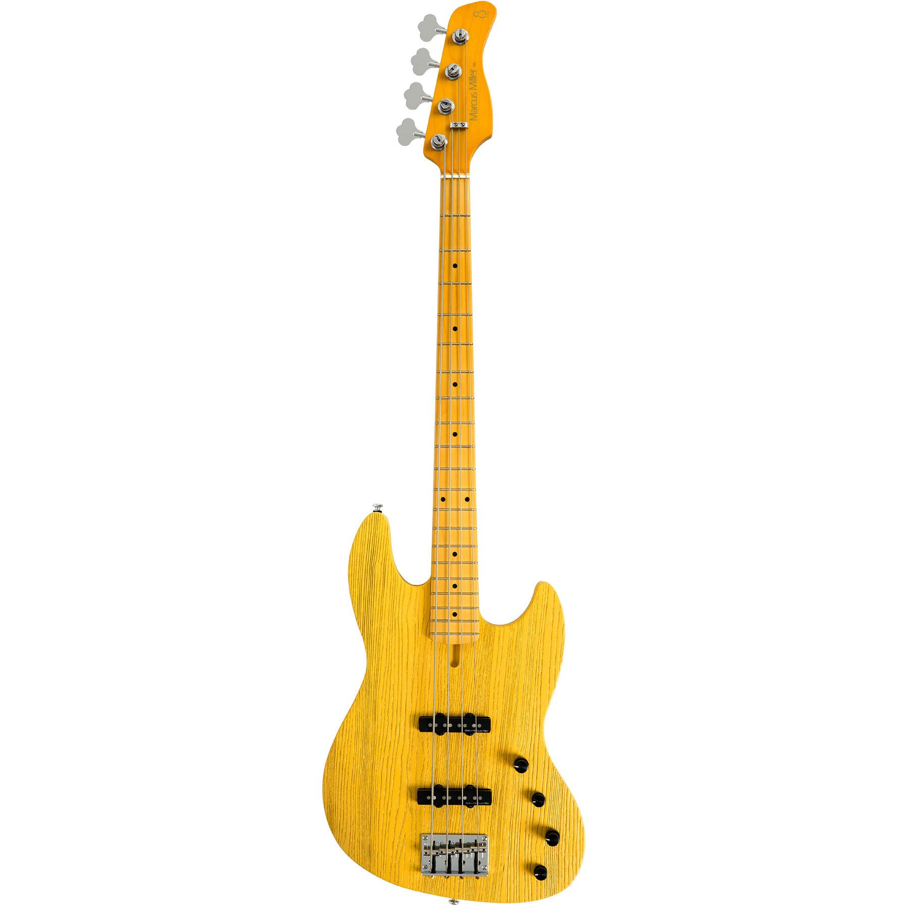 Sarı, dört telli elektro bas gitar, üzerinde gümüş akort burguları bulunur.