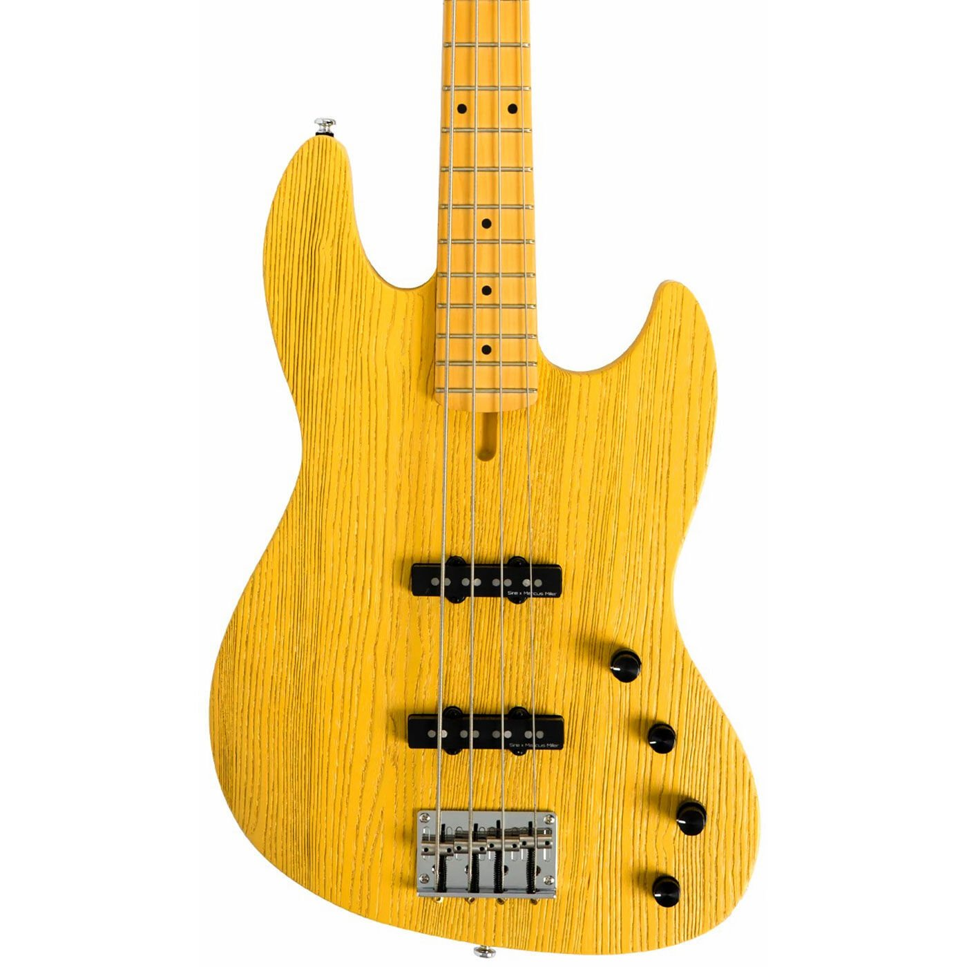 Ahşap damarlı sarı bas gitar, beyaz arka plan üzerinde.