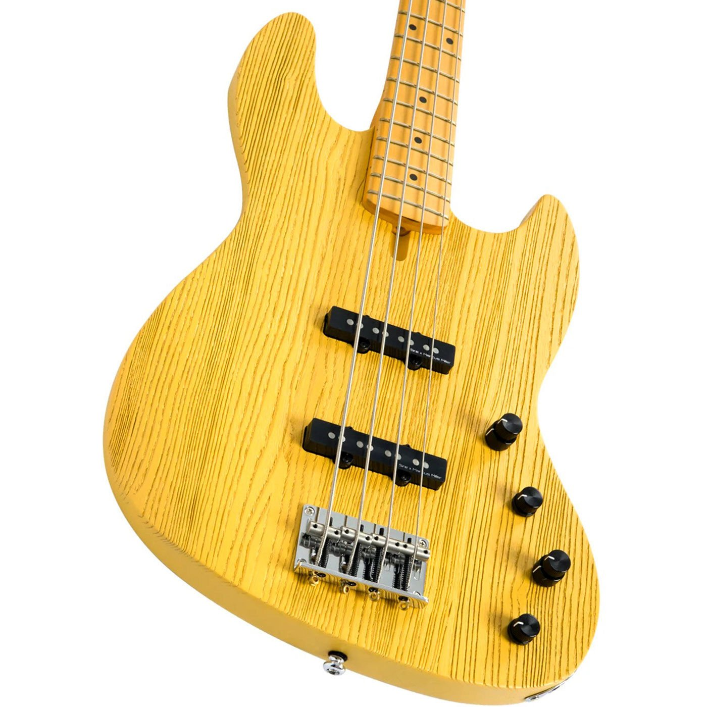 Görünür ahşap damarlı sarı bas gitar, siyah manyetikler ve gümüş donanım. Dört tel görünür.