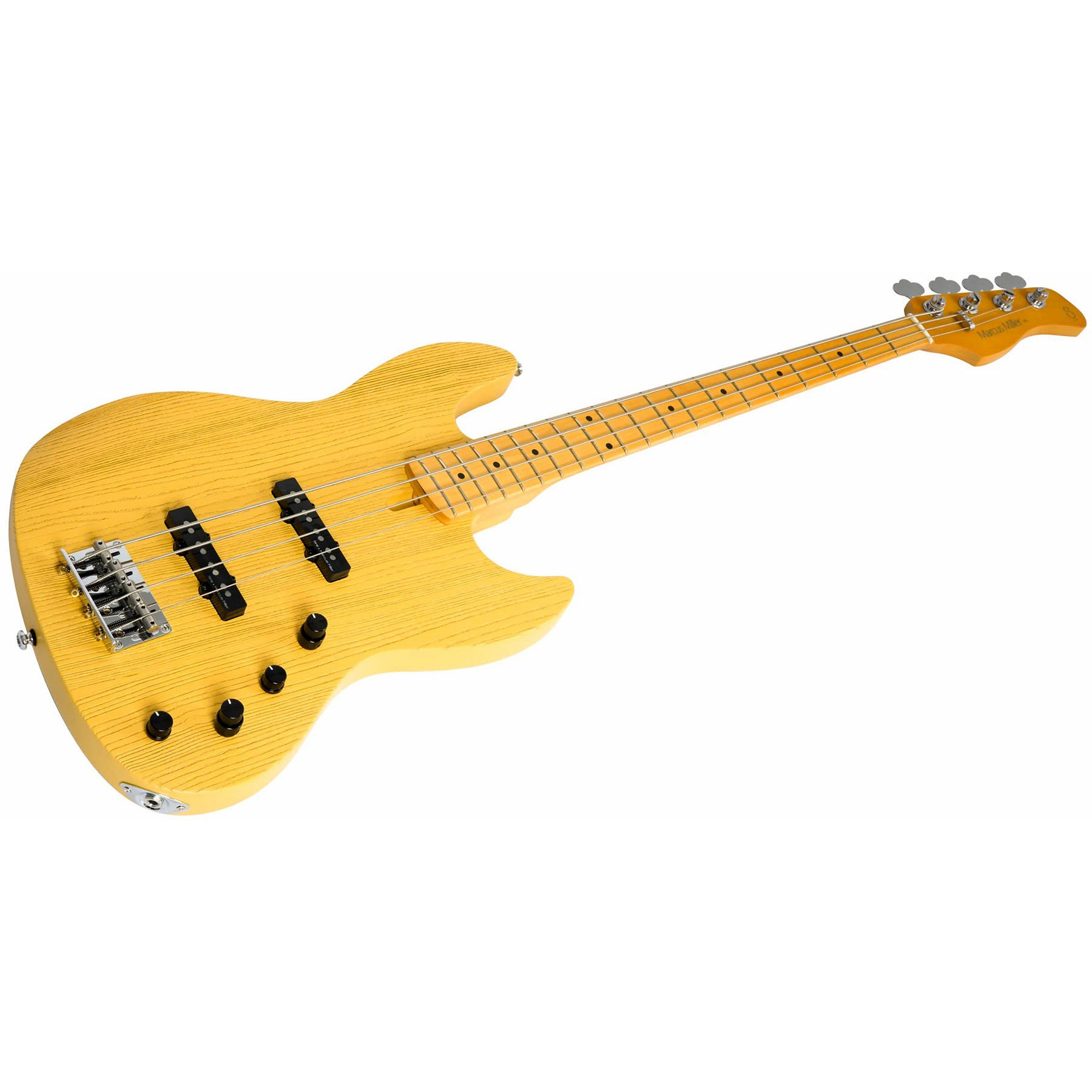 Dört telli, siyah köprülü ve manyetikli sarı bas gitar.